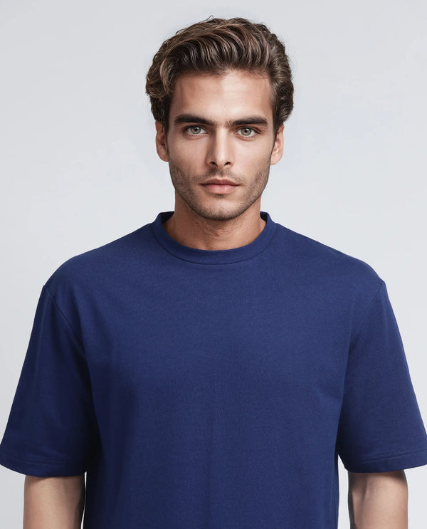 Rare Rabbit Men's Jot Blue Cotton Fabric Half Sleeve Crew Neck Boxy Fit Graphic Print T-Shirt