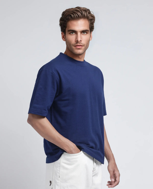Rare Rabbit Men's Jot Blue Cotton Fabric Half Sleeve Crew Neck Boxy Fit Graphic Print T-Shirt