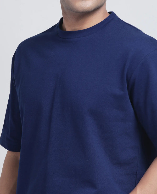 Rare Rabbit Men's Jot Blue Cotton Fabric Half Sleeve Crew Neck Boxy Fit Graphic Print T-Shirt