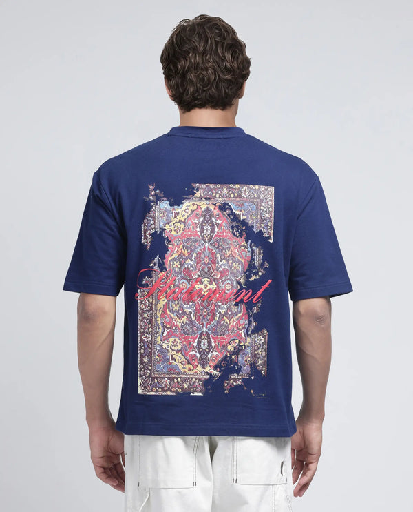 Rare Rabbit Men's Jot Blue Cotton Fabric Half Sleeve Crew Neck Boxy Fit Graphic Print T-Shirt