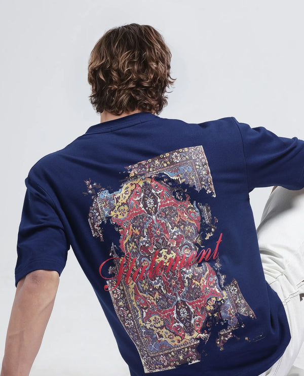 Rare Rabbit Men's Jot Blue Cotton Fabric Half Sleeve Crew Neck Boxy Fit Graphic Print T-Shirt