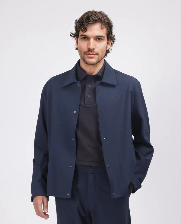 Rare Rabbit Men Juan Navy Polyester Fabric Full Sleeve Collared Neck Snap Button Closure Plain Shacket