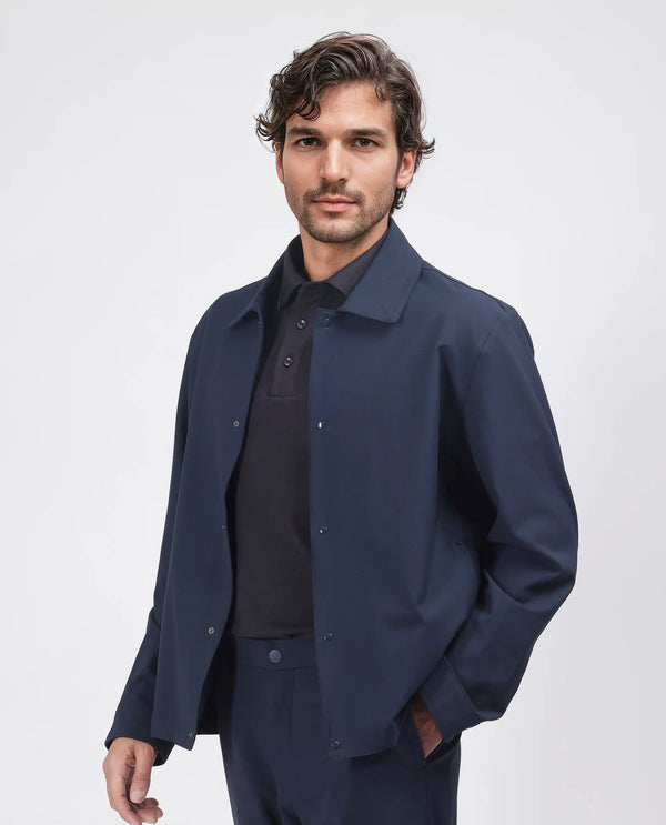 Rare Rabbit Men Juan Navy Polyester Fabric Full Sleeve Collared Neck Snap Button Closure Plain Shacket