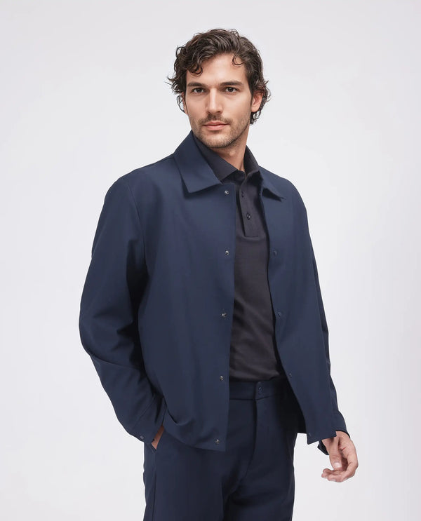 Rare Rabbit Men Juan Navy Polyester Fabric Full Sleeve Collared Neck Snap Button Closure Plain Shacket