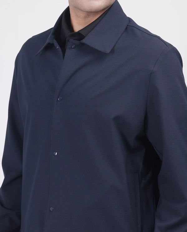 Rare Rabbit Men Juan Navy Polyester Fabric Full Sleeve Collared Neck Snap Button Closure Plain Shacket