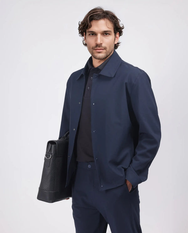 Rare Rabbit Men Juan Navy Polyester Fabric Full Sleeve Collared Neck Snap Button Closure Plain Shacket