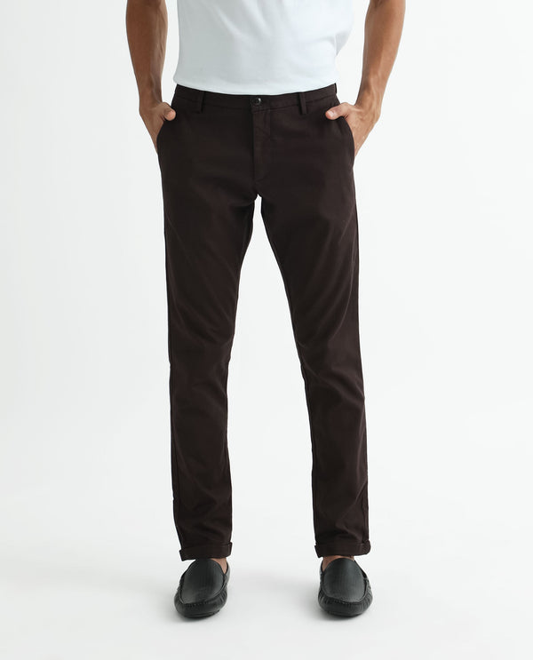 Rare Rabbit Men's Jude Brown Cotton Polyester Fabric Mid-Rise Slim Fit Twill Stretch Trousers