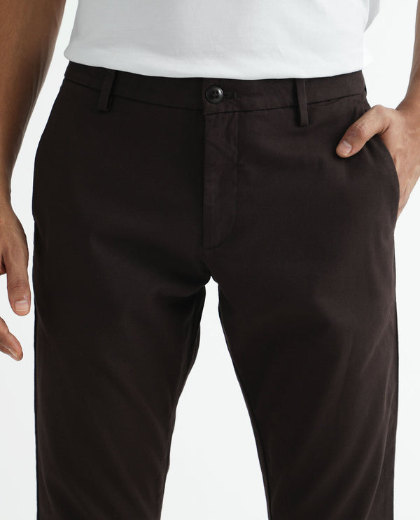 Rare Rabbit Men's Jude Brown Cotton Polyester Fabric Mid-Rise Slim Fit Twill Stretch Trousers