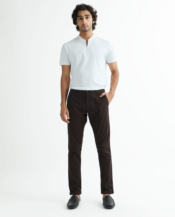 Rare Rabbit Men's Jude Brown Cotton Polyester Fabric Mid-Rise Slim Fit Twill Stretch Trousers