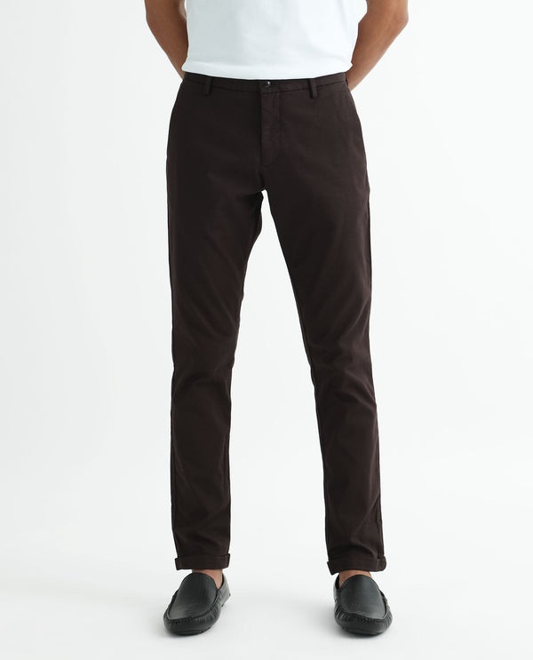 Rare Rabbit Men's Jude Brown Cotton Polyester Fabric Mid-Rise Slim Fit Twill Stretch Trousers