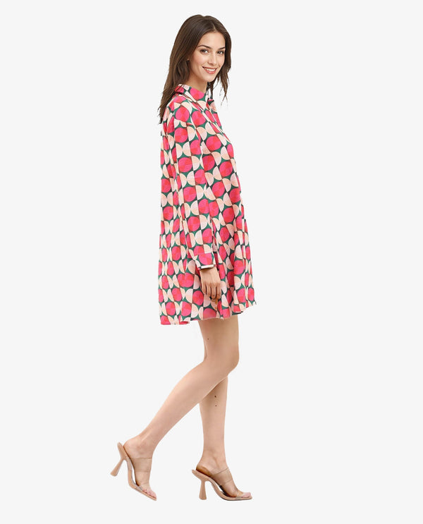 Rareism Women's Judeth Multi  Drop Collar Button Closure Cuffed Sleeve Geometric Print A-Line Mini Dress