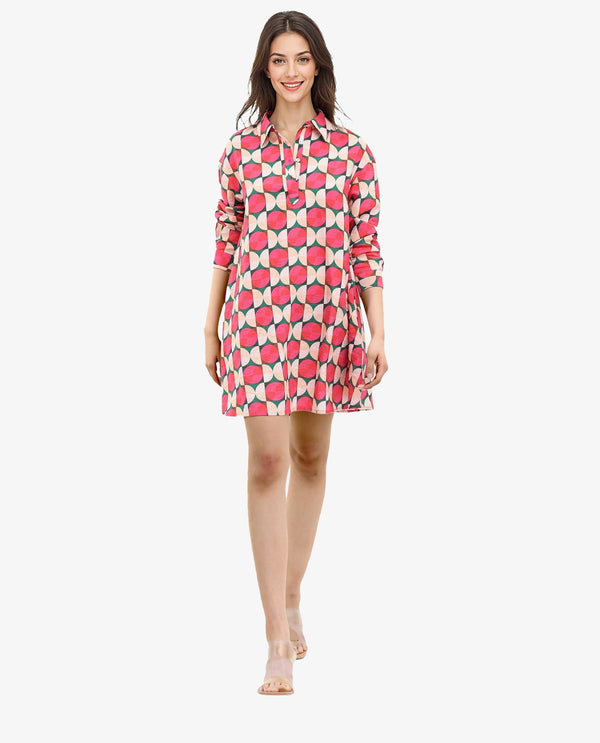 Rareism Women's Judeth Multi  Drop Collar Button Closure Cuffed Sleeve Geometric Print A-Line Mini Dress
