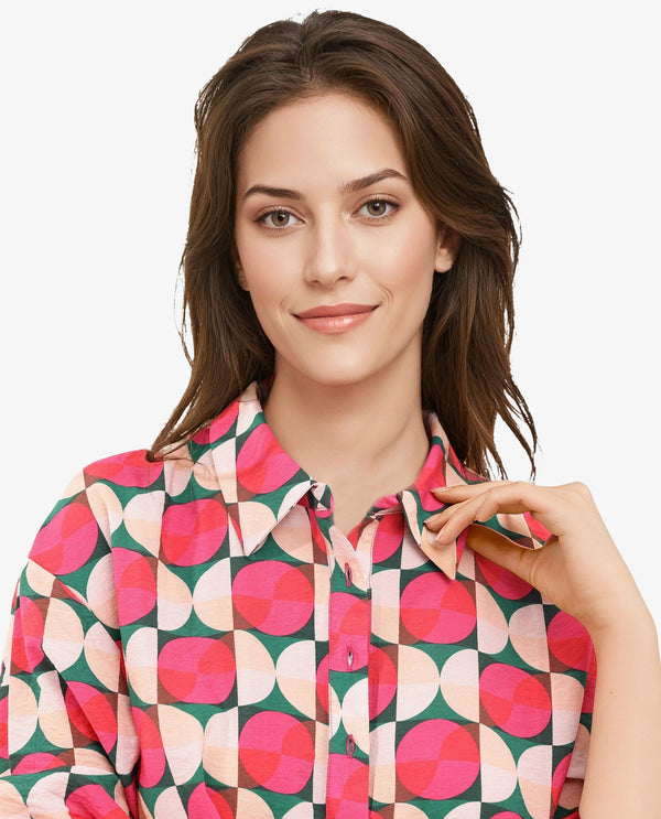 Rareism Women's Judeth Multi  Drop Collar Button Closure Cuffed Sleeve Geometric Print A-Line Mini Dress