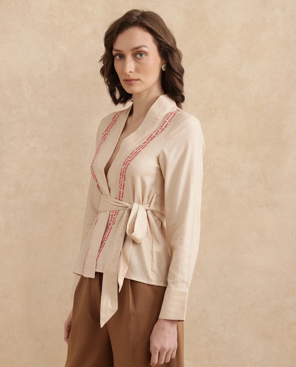 Rareism Women Juinb Beige Cuffed Sleeve Shawl Neck Regular Fit Typography Print Top