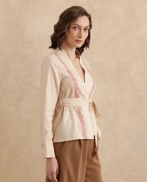 Rareism Women Juinb Beige Cuffed Sleeve Shawl Neck Regular Fit Typography Print Top