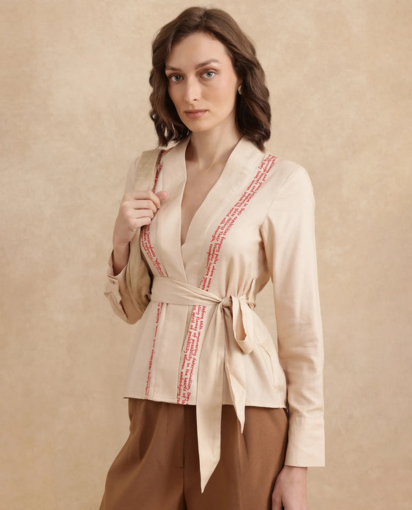 Rareism Women Juinb Beige Cuffed Sleeve Shawl Neck Regular Fit Typography Print Top