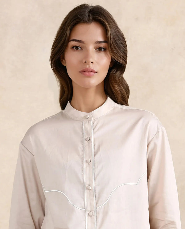 Rareism Women Jujo Beige Cotton Satin Fabric Cuffed Sleeve Mandarin Collar Button Closure Plain Shirt