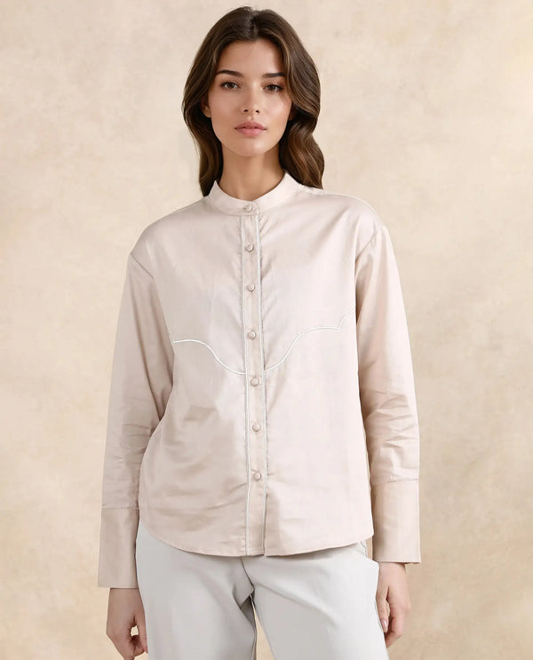 Rareism Women Jujo Beige Cotton Satin Fabric Cuffed Sleeve Mandarin Collar Button Closure Plain Shirt