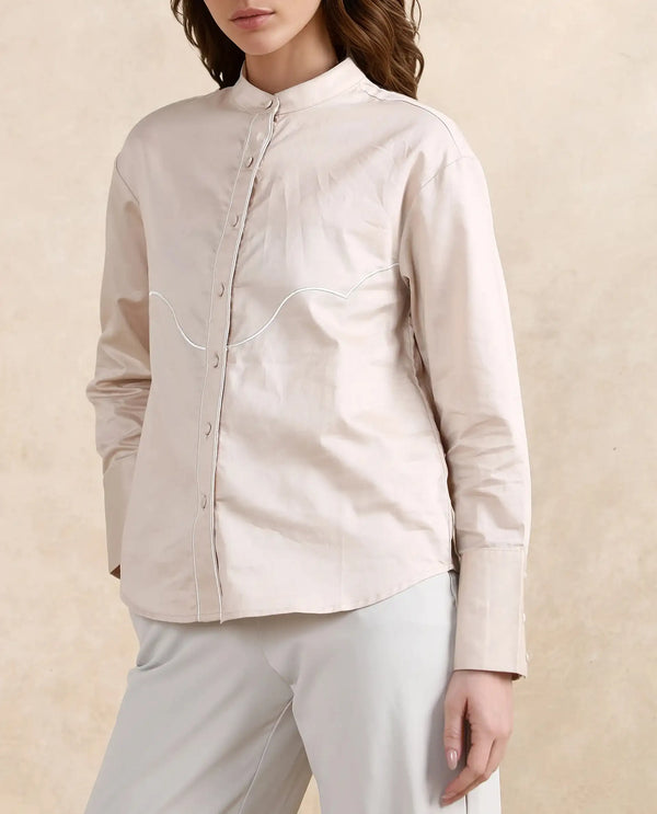 Rareism Women Jujo Beige Cotton Satin Fabric Cuffed Sleeve Mandarin Collar Button Closure Plain Shirt