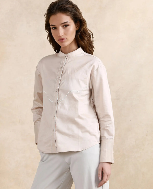 Rareism Women Jujo Beige Cotton Satin Fabric Cuffed Sleeve Mandarin Collar Button Closure Plain Shirt