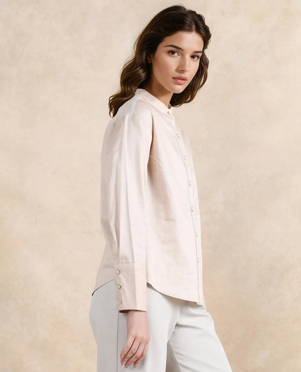 Rareism Women Jujo Beige Cotton Satin Fabric Cuffed Sleeve Mandarin Collar Button Closure Plain Shirt
