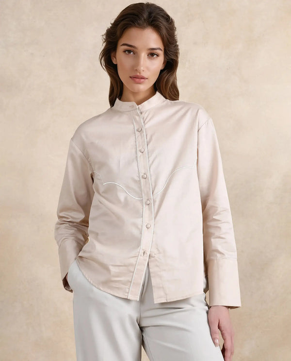 Rareism Women Jujo Beige Cotton Satin Fabric Cuffed Sleeve Mandarin Collar Button Closure Plain Shirt