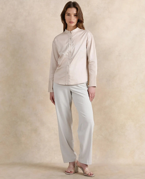 Rareism Women Jujo Beige Cotton Satin Fabric Cuffed Sleeve Mandarin Collar Button Closure Plain Shirt