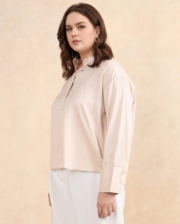 Rareism Women Jujo Beige Cotton Satin Fabric Cuffed Sleeve Mandarin Collar Button Closure Plain Shirt