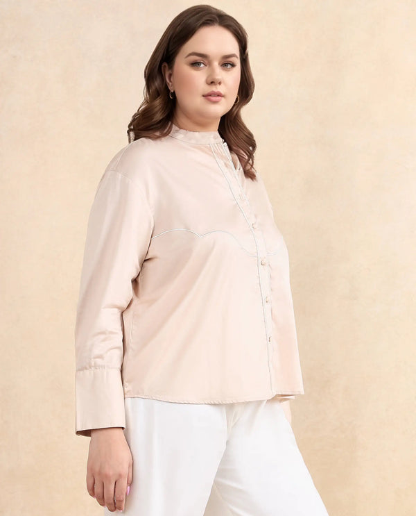 Rareism Women Jujo Beige Cotton Satin Fabric Cuffed Sleeve Mandarin Collar Button Closure Plain Shirt