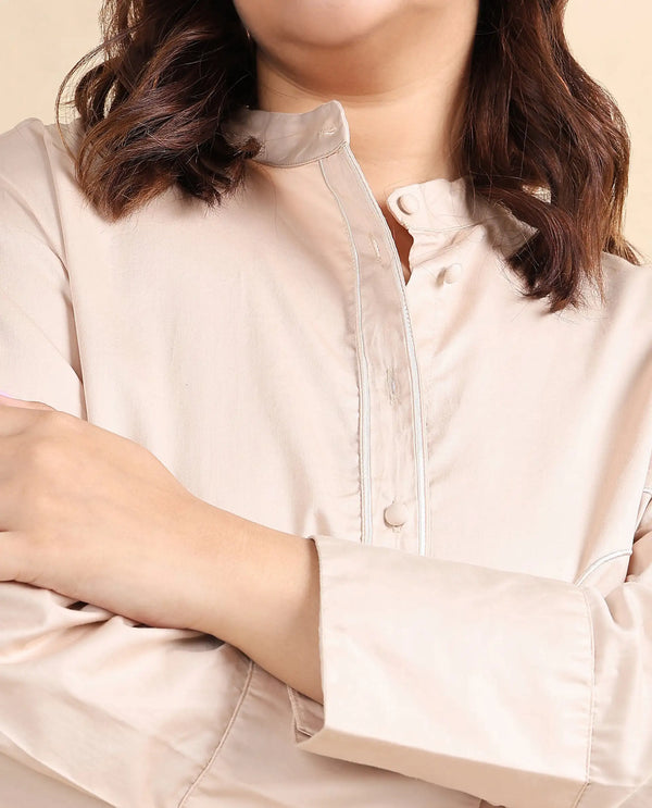 Rareism Women Jujo Beige Cotton Satin Fabric Cuffed Sleeve Mandarin Collar Button Closure Plain Shirt