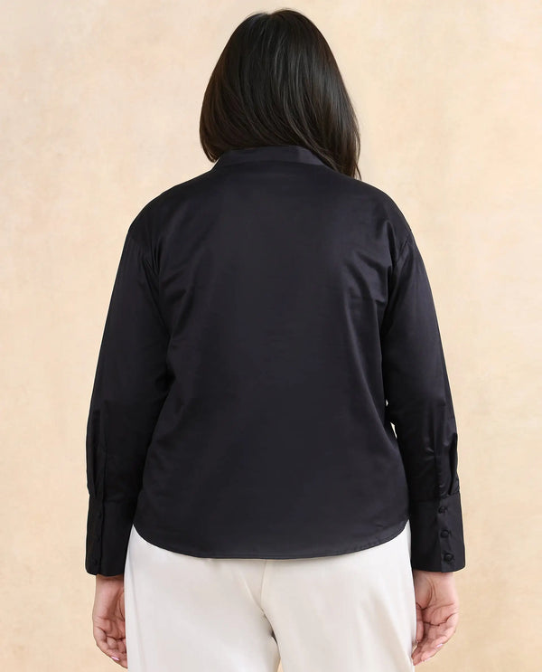 Rareism Women Jujo Dusky Black Cotton Satin Fabric Cuffed Sleeve Mandarin Collar Button Closure Plain Shirt
