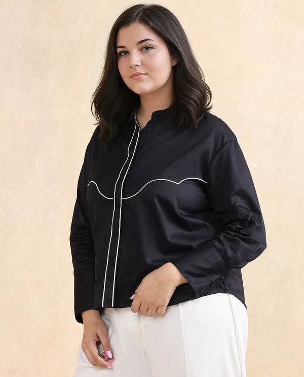 Rareism Women Jujo Dusky Black Cotton Satin Fabric Cuffed Sleeve Mandarin Collar Button Closure Plain Shirt