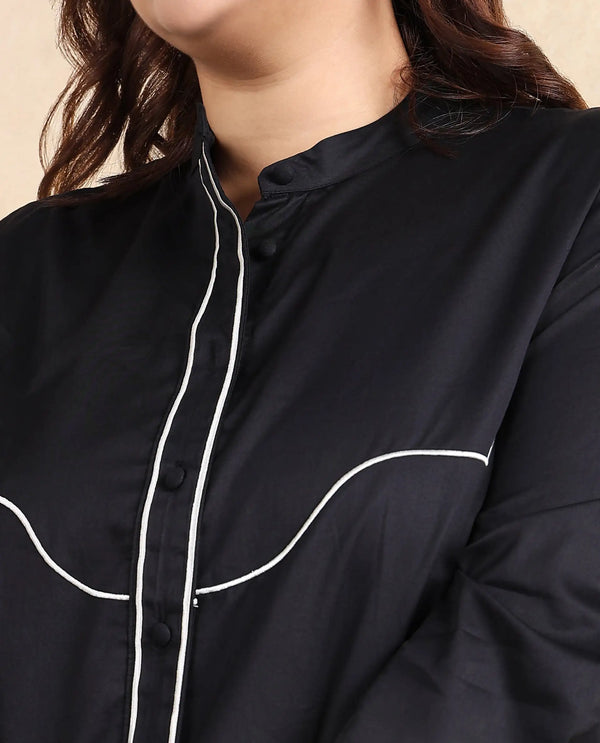 Rareism Women Jujo Dusky Black Cotton Satin Fabric Cuffed Sleeve Mandarin Collar Button Closure Plain Shirt