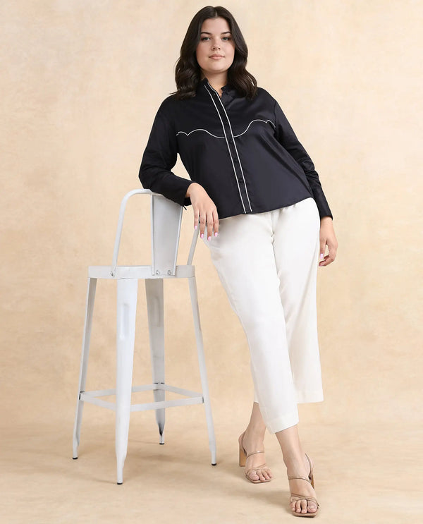 Rareism Women Jujo Dusky Black Cotton Satin Fabric Cuffed Sleeve Mandarin Collar Button Closure Plain Shirt