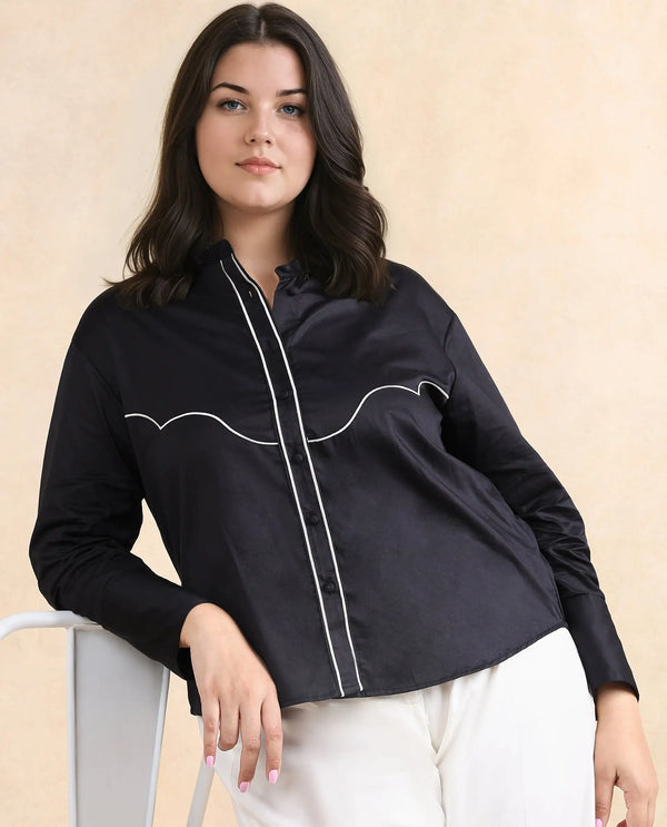 Rareism Women Jujo Dusky Black Cotton Satin Fabric Cuffed Sleeve Mandarin Collar Button Closure Plain Shirt