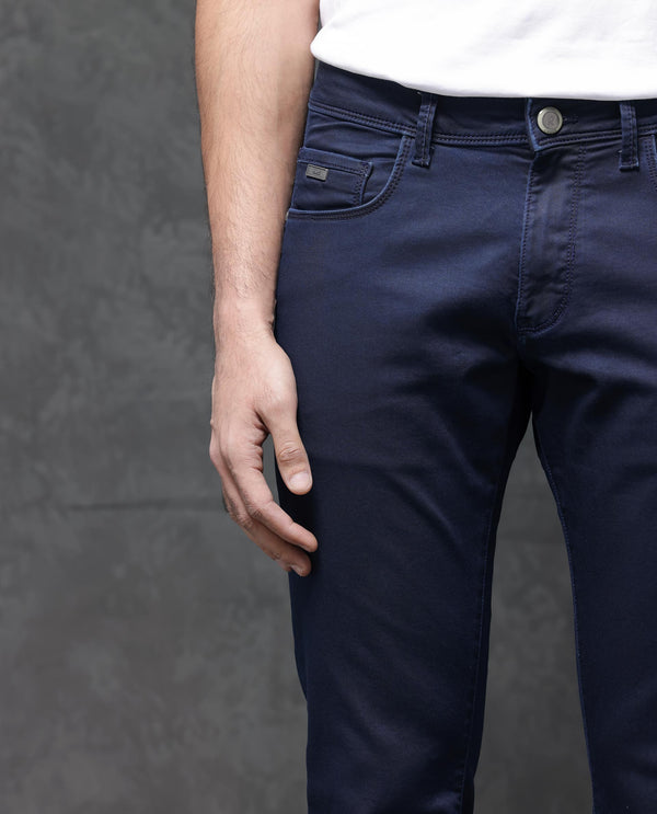 Rare Rabbit Mens Jules Blue Mid Rise Mid Wash Cotton Polyester Solid Slim Fit Jeans