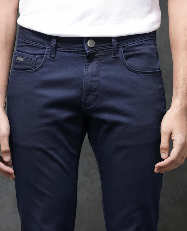 Rare Rabbit Mens Jules Blue Mid Rise Mid Wash Cotton Polyester Solid Slim Fit Jeans