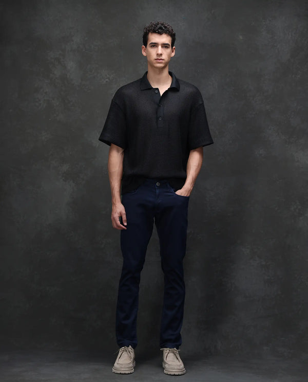 Rare Rabbit Mens Jules Blue Mid Rise Mid Wash Cotton Polyester Solid Slim Fit Jeans