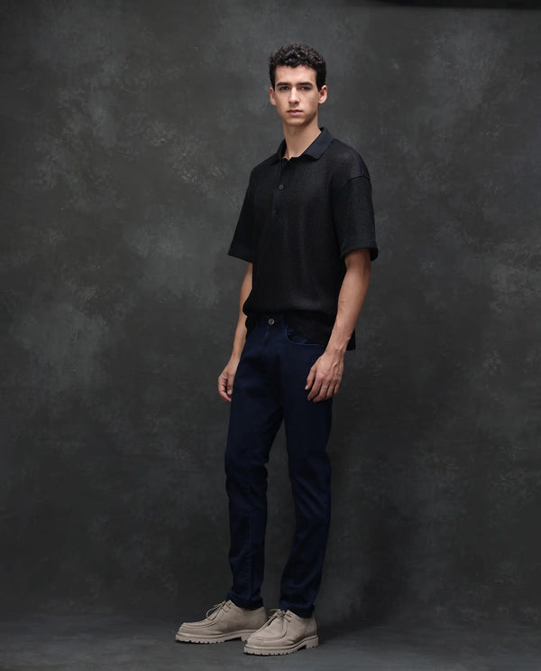 Rare Rabbit Mens Jules Blue Mid Rise Mid Wash Cotton Polyester Solid Slim Fit Jeans