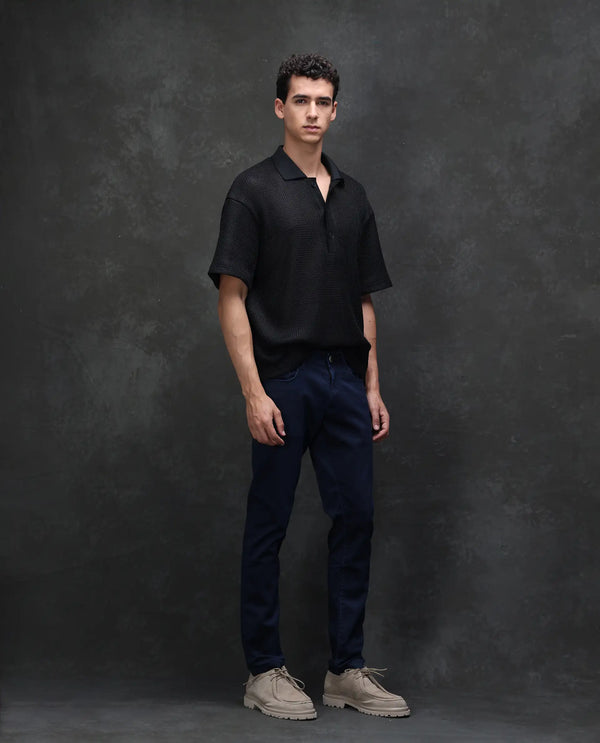 Rare Rabbit Mens Jules Blue Mid Rise Mid Wash Cotton Polyester Solid Slim Fit Jeans