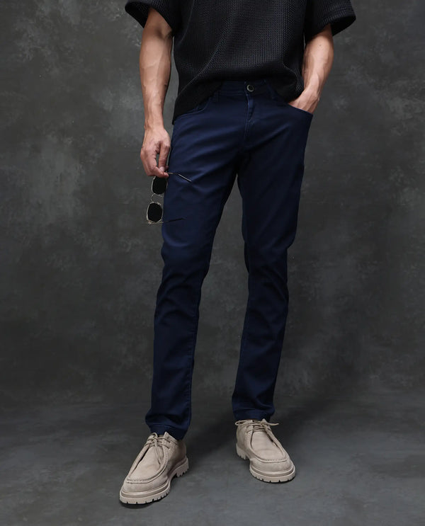 Rare Rabbit Mens Jules Blue Mid Rise Mid Wash Cotton Polyester Solid Slim Fit Jeans
