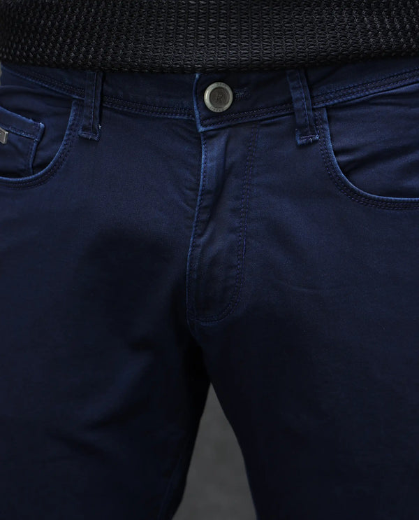 Rare Rabbit Mens Jules Blue Mid Rise Mid Wash Cotton Polyester Solid Slim Fit Jeans