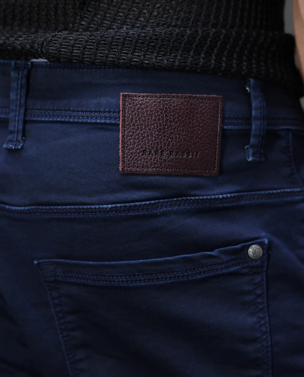 Rare Rabbit Mens Jules Blue Mid Rise Mid Wash Cotton Polyester Solid Slim Fit Jeans