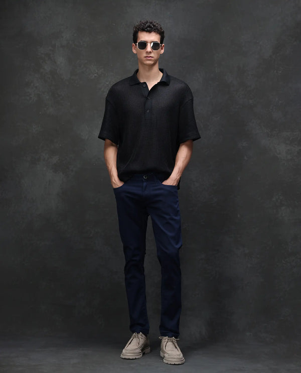 Rare Rabbit Mens Jules Blue Mid Rise Mid Wash Cotton Polyester Solid Slim Fit Jeans