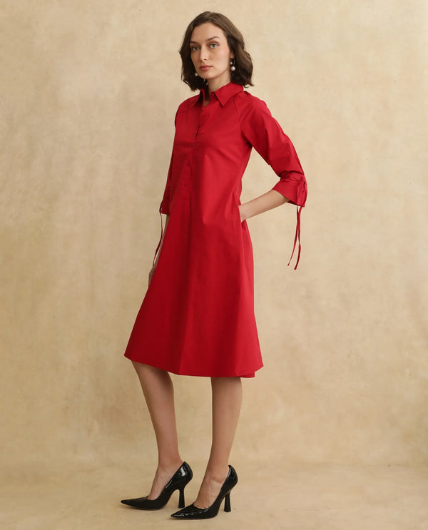 Rareism Women's Junb Dark Rust Cotton Blend Fabric Drop Collar Button Closure Raglan Sleeve Plain A-Line Knee Length Dress