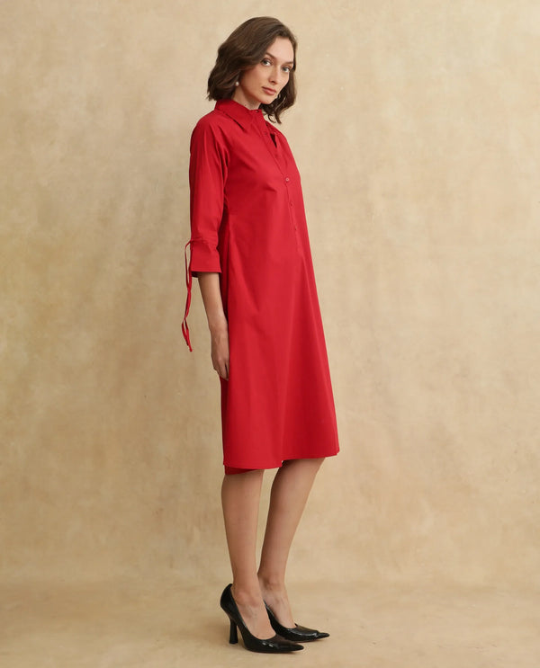 Rareism Women's Junb Dark Rust Cotton Blend Fabric Drop Collar Button Closure Raglan Sleeve Plain A-Line Knee Length Dress