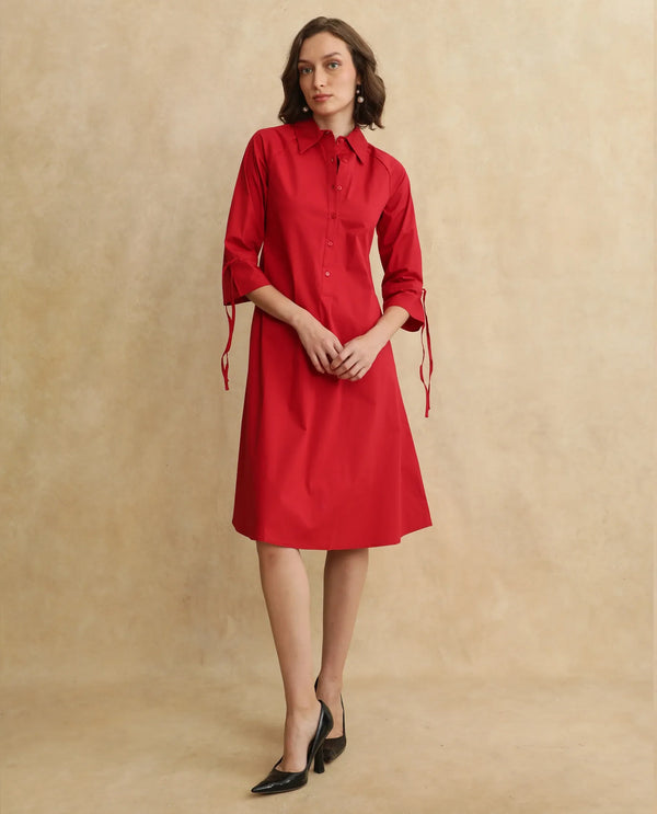 Rareism Women's Junb Dark Rust Cotton Blend Fabric Drop Collar Button Closure Raglan Sleeve Plain A-Line Knee Length Dress