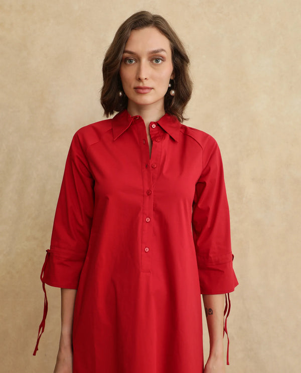 Rareism Women's Junb Dark Rust Cotton Blend Fabric Drop Collar Button Closure Raglan Sleeve Plain A-Line Knee Length Dress
