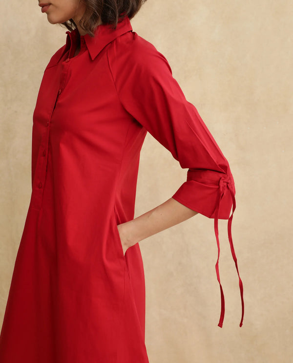 Rareism Women's Junb Dark Rust Cotton Blend Fabric Drop Collar Button Closure Raglan Sleeve Plain A-Line Knee Length Dress