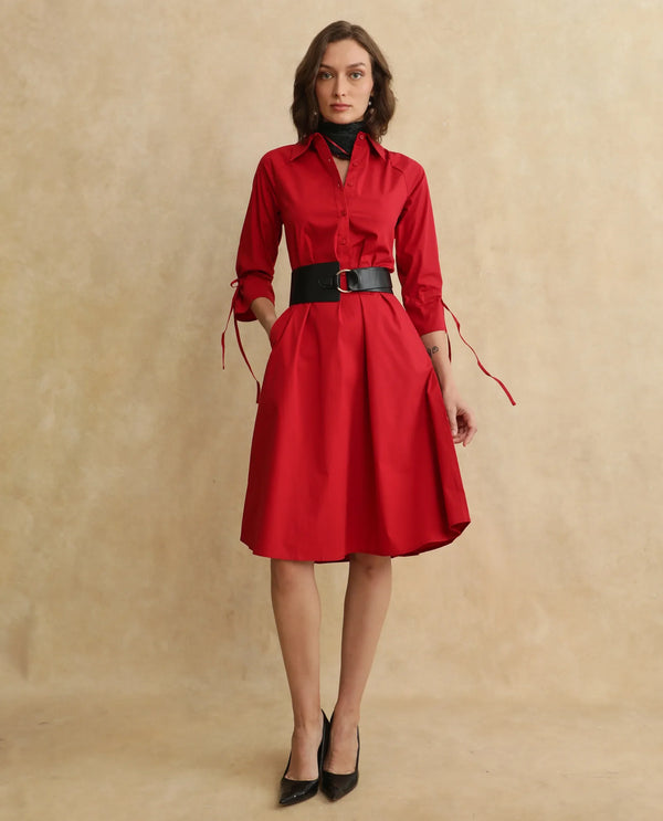 Rareism Women's Junb Dark Rust Cotton Blend Fabric Drop Collar Button Closure Raglan Sleeve Plain A-Line Knee Length Dress